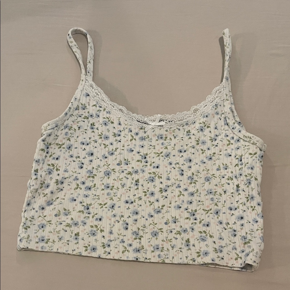 Brandy Melville Floral Lace-Trim Ribbed Tank – One Size